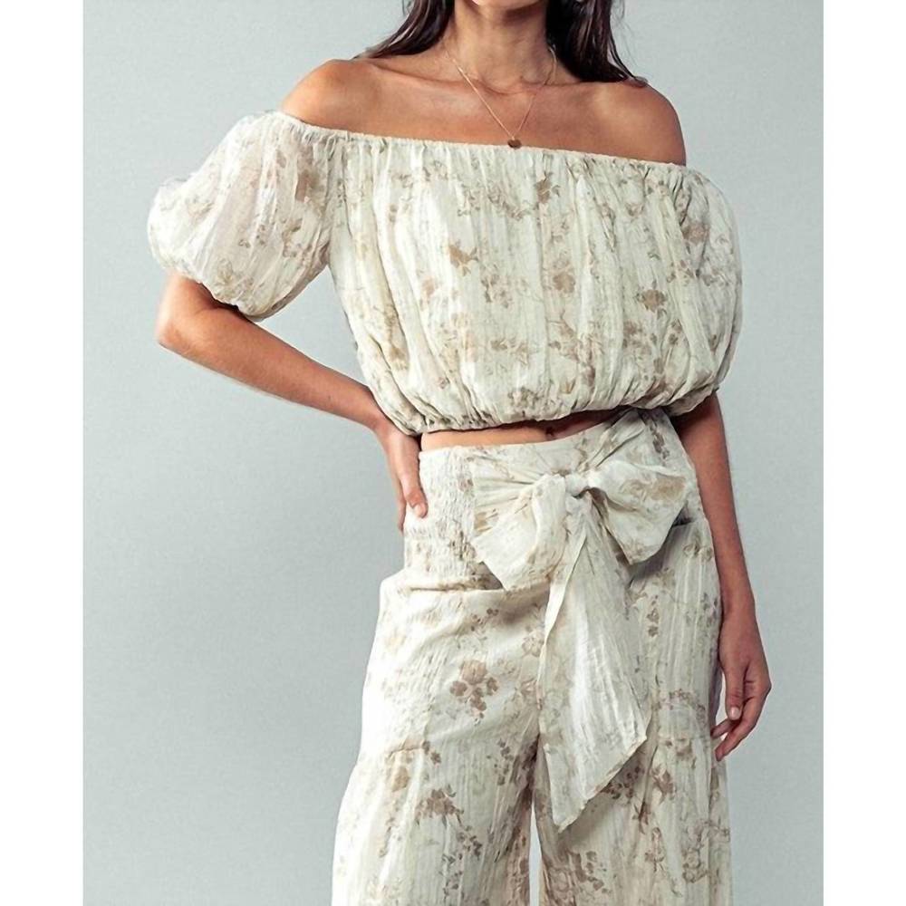 NEW TREND:NOTES elastic off shoulder floral crop blouse in taupe